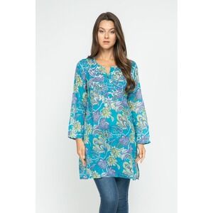 Raj Carlyle Turquoise Multi Floral Embroidered Cotton Tunic Top Cover Up XL NEW